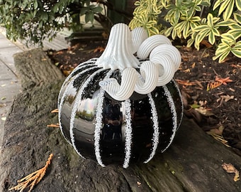 Black White Glass Skeleton Pumpkin, 4" Hand Blown Squash Gourd Sculpture, Mantel Table Hearth Porch Art, Halloween Decor, Avalon Glassworks