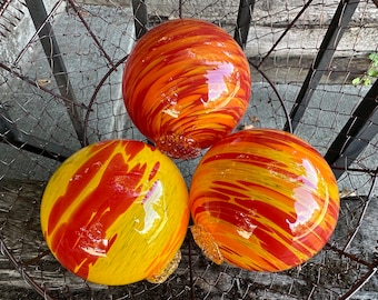 Red Orange Yellow Glass Garden Balls, Set of 3 Hand Blown Floats, Outdoor Orbs, Warm Tone Twist Interior Design Spheres, Avalon Glassworks