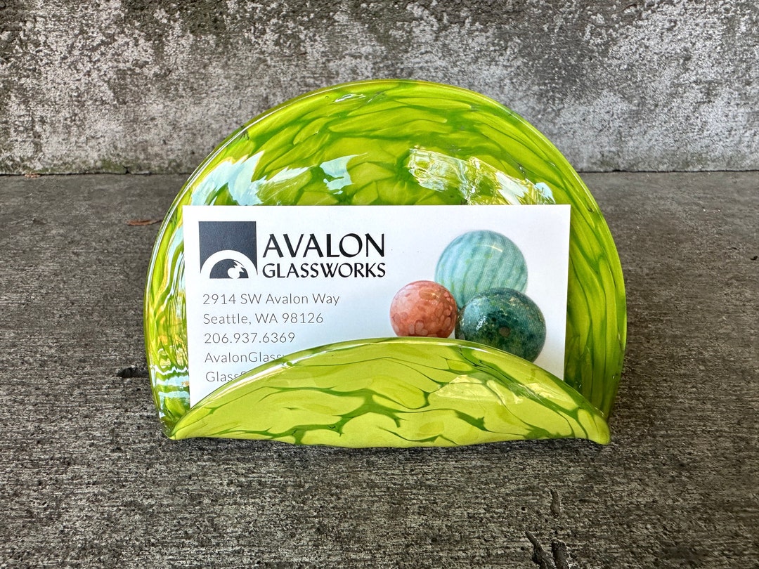 Green Glass Business Card Holder, Hand Blown Bright Chartreuse Desk
