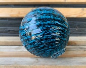 Turquoise and Black Glass Float, 4.25" Decorative Hand Blown Ball, Blue Twist Pattern Outdoor Garden Pond Orb Art Sphere, Avalon Glassworks