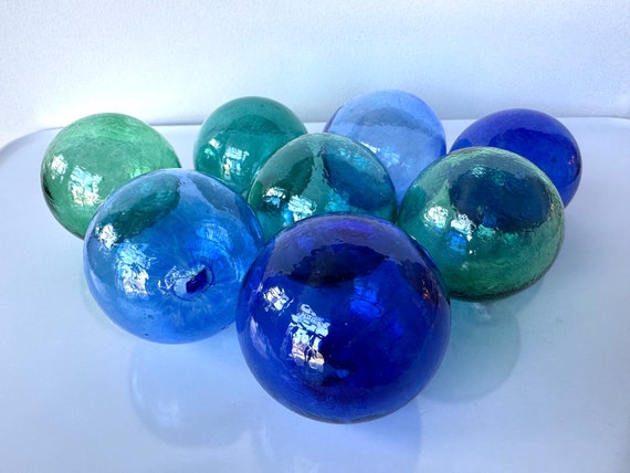 Beach Glass Floats, Set of 8 Small Hand Blown Glass Balls, Blue