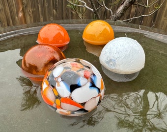 Birdbath Floats, Set of 5 Small Hand Blown Glass Balls, Interior Design Garden Pond Water Feature Art, Orange White Black, Avalon Glassworks