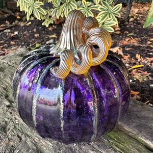 Purple & Gold Hand Blown Glass Pumpkin, 4.5 Decorative Squash Sculpture, Metallic Ribs Coil Stem, Halloween Autumn Fall, Avalon Glassworks image 1