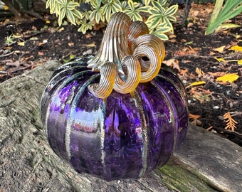 Purple & Gold Hand Blown Glass Pumpkin, 4.5" Decorative Squash Sculpture, Metallic Ribs Coil Stem, Halloween Autumn Fall, Avalon Glassworks