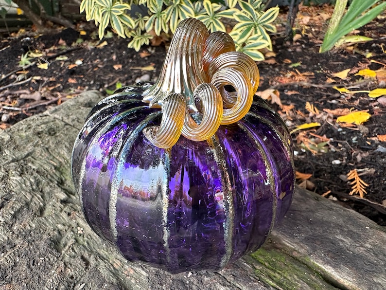 Purple & Gold Hand Blown Glass Pumpkin, 4.5 Decorative Squash Sculpture, Metallic Ribs Coil Stem, Halloween Autumn Fall, Avalon Glassworks image 1