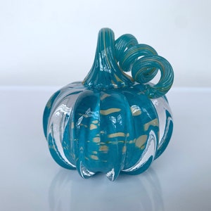 Turquoise Blue Beige Spot Glass Pumpkin 3 Paperweight image 3