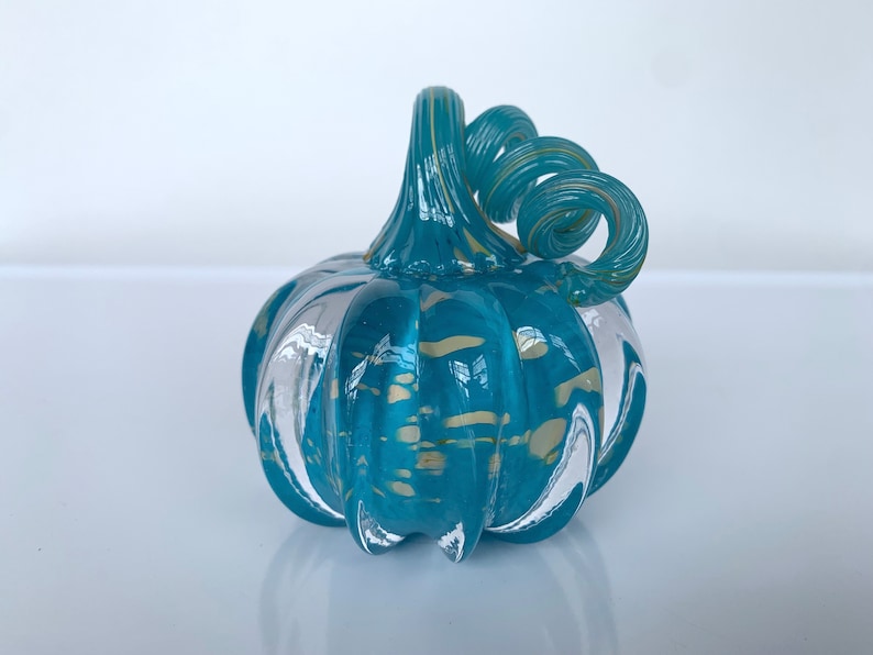 Turquoise Blue Beige Spot Glass Pumpkin 3 Paperweight image 3