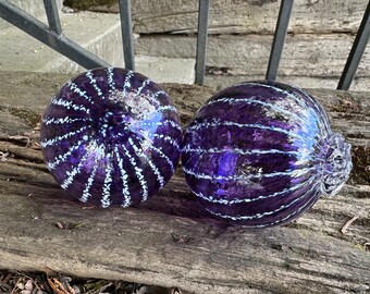 Purple White Stripe Floats, Set of 2 Blown Glass Pond Balls, 3.25" Interior Design Spheres Outdoor Garden Art Decor Orbs, Avalon Glassworks