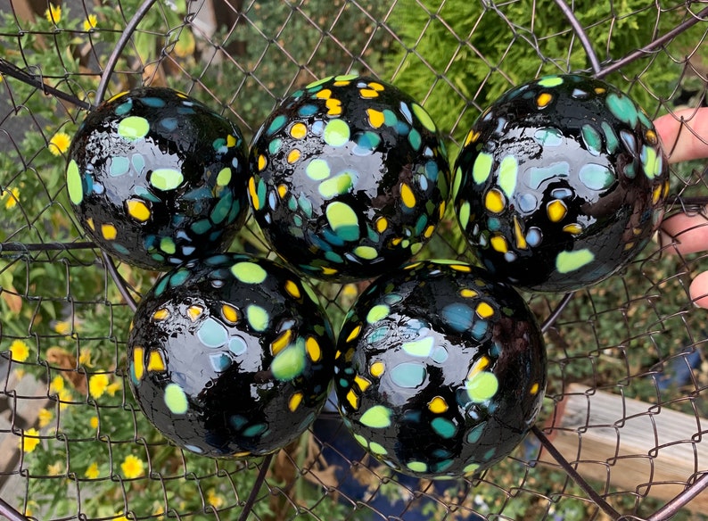 End-of-the-Day Mix Blown Glass Balls, Set of 5 Black Floats, 2.53 Garden Decor, Outdoor Art Spheres, Basket Filler, Avalon Glassworks image 10