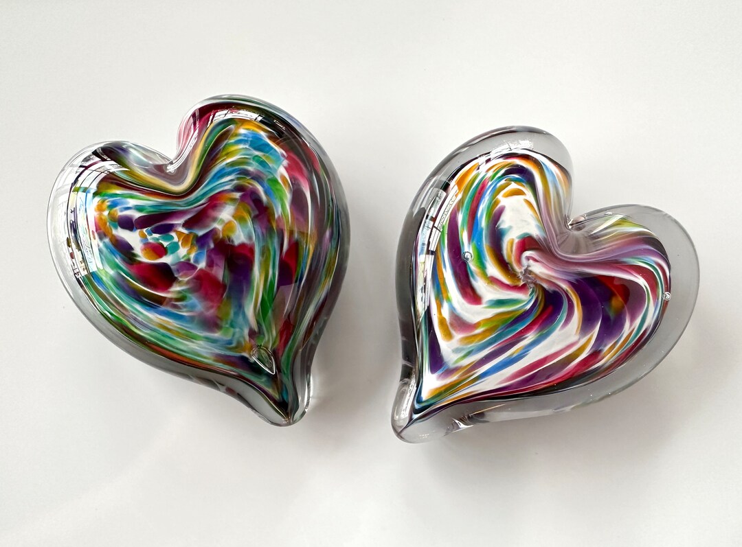 Two Hearts, Multi Color Rainbow Glass Heart Paperweight Solid