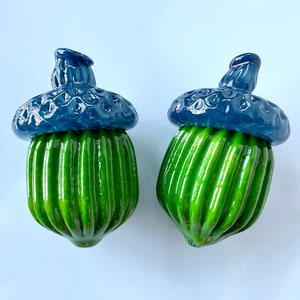 Glass Acorns Set of 2 Blue and Green Oak Tree Seed Pod image 2