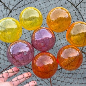 May include: A collection of seven colorful glass spheres in shades of yellow, orange, and purple. The spheres are arranged in a metal wire basket, with a hand partially visible. The spheres have a reflective, glossy finish.