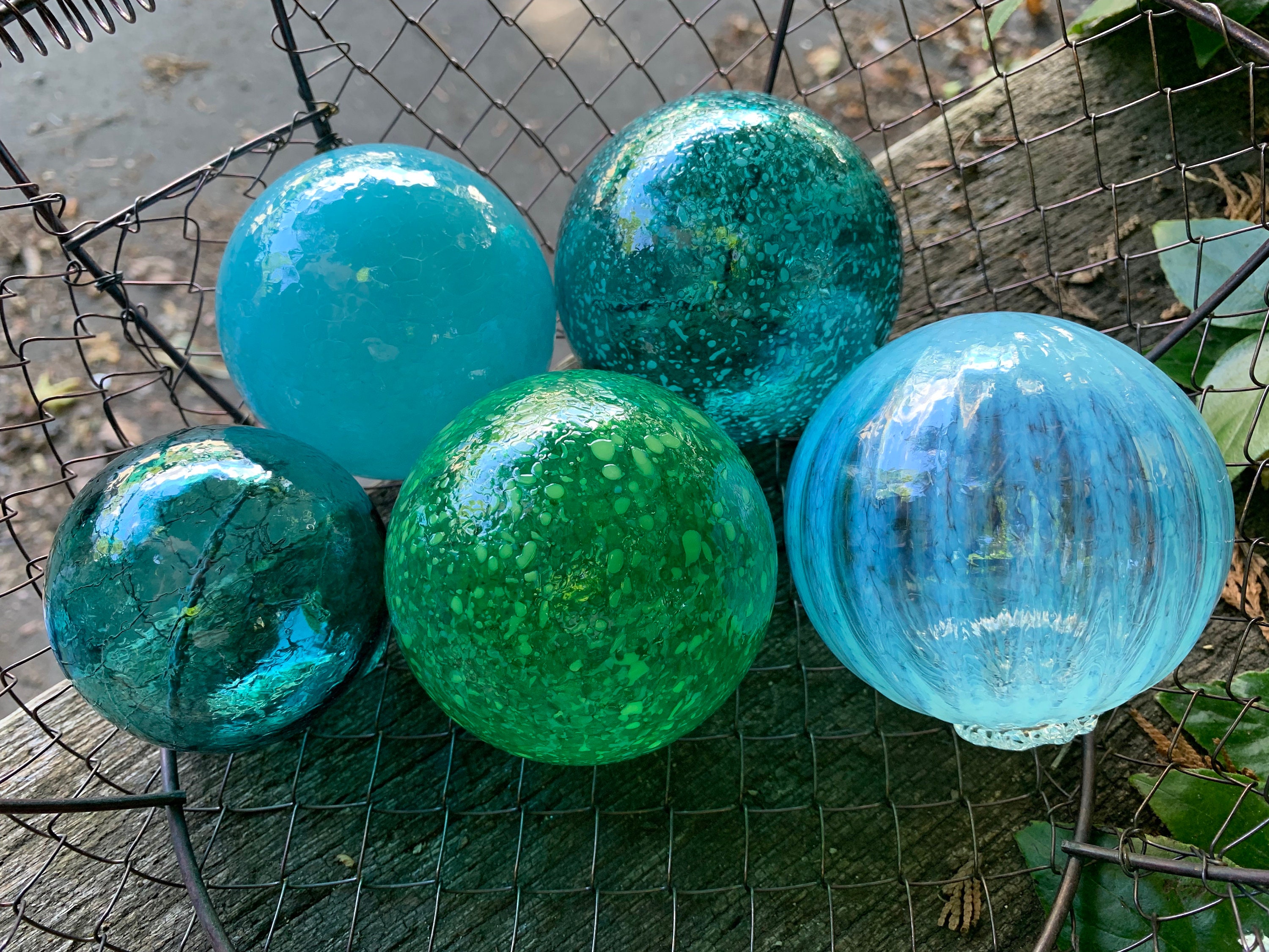 Blues & Greens, Set of 5 Hand Blown Glass Balls, Interior Design Spheres,  Garden Pond Decor, Balls for Bowls Baskets Fill, Avalon Glassworks 