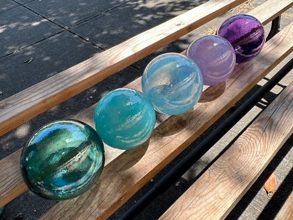 Turquoise and Purple Glass Floats, Set of 5 Blown Balls, 2.53