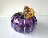 Blown Glass Pumpkin: Purple and Gold Fall Decoration, 4.25" Sculpture - Avalon Glassworks