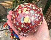 Earth & Fire Float, Blown Glass Art Sphere, Red Beige Spot Interior Design Ball, Outdoor Garden Pond Orb, Coastal Decor, Avalon Glassworks