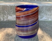 Jupiter Purse, Deep Blue Warm Brown Red Wraps, 7.75" Blown Glass Art Vase, Natural Northwest Wood Grain Oak Walnut Tone, Avalon Glassworks