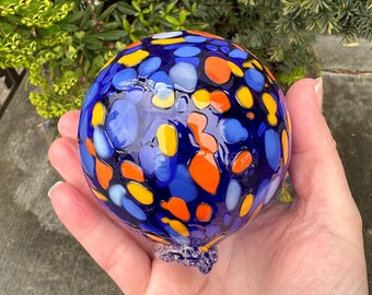 Cobalt Blue, Light Blue, Orange Spot Float 3.25" Blown Glass Decorative Ball, Outdoor Garden Design Nautical Pond Sphere, Avalon Glassworks