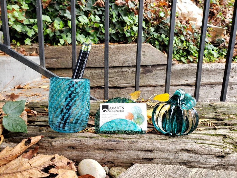 Hand Blown Glass Desk Accessory Set 3 Piece Aqua Turquoise Etsy