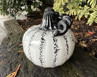 Black and White Blown Glass Pumpkin, 4” Decorative Squash Sculpture Curly Stem, Two-Tone Autumn Halloween Thanksgiving, Avalon Glassworks