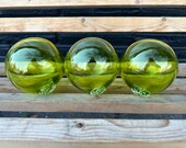 Green Glass Floats, Set of 3 Hand Blown Garden Art Balls, 4" Interior Design Spheres, Transparent Lime Citron Chartreuse, Avalon Glassworks