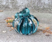 Glass Pumpkin Paperweight, Solid Aqua Blue Green 3" Decorative Squash Sculpture, Dark Teal, Clear Glass, Autumn Decoration Avalon Glassworks