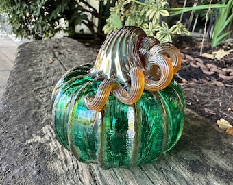 Green Blown Glass Pumpkin, Transparent Emerald 3.75" Squash Sculpture Gold Brown Stem Autumn Thanksgiving Halloween Decor, Avalon Glassworks