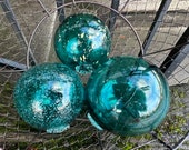 Japanese Fishing Float Style Glass Balls, Set of 3 Hand Blown Aqua Blue Green Turquoise Garden Art Spheres, Coastal Decor, Avalon Glassworks