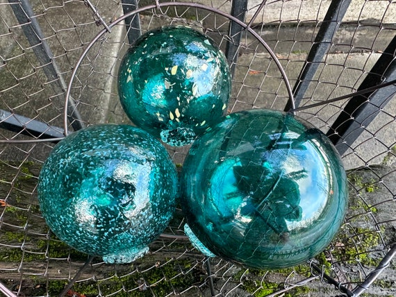 Japanese Fishing Float Style Glass Balls, Set of 3 Hand Blown Aqua