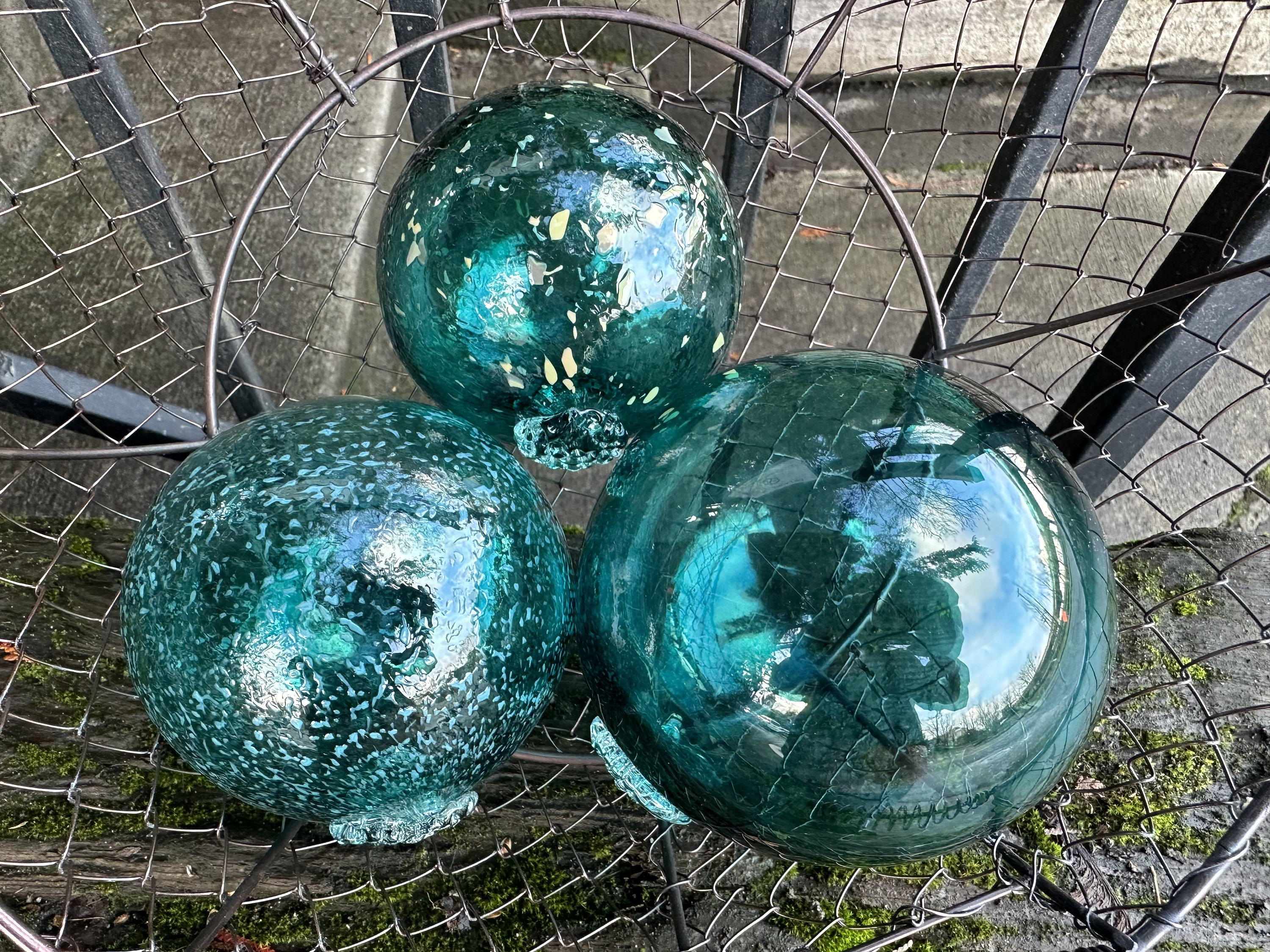 Japanese Fishing Float Style Glass Balls, Set of 3 Hand Blown Aqua Blue  Green Turquoise Garden Art Spheres, Coastal Decor, Avalon Glassworks 