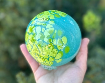 Turquoise Chartreuse Green Blown Glass Float, 4" Decorative Ball, Coastal Outdoor Garden Art Orb, Interior Design Sphere, Avalon Glassworks
