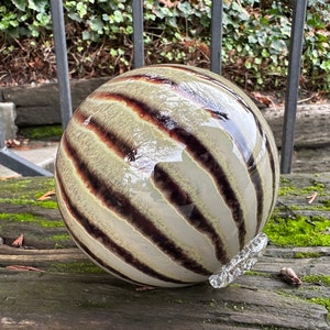 Cat's Eye Blown Glass Float, 4.5 Dark Red Beige Stripe Garden Ball, Outdoor Art Pond Orb, Interior Design Decor Sphere, Avalon Glassworks image 6
