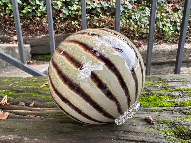 Cat's Eye Blown Glass Float, 4.5 Dark Red Beige Stripe Garden Ball, Outdoor Art Pond Orb, Interior Design Decor Sphere, Avalon Glassworks image 6