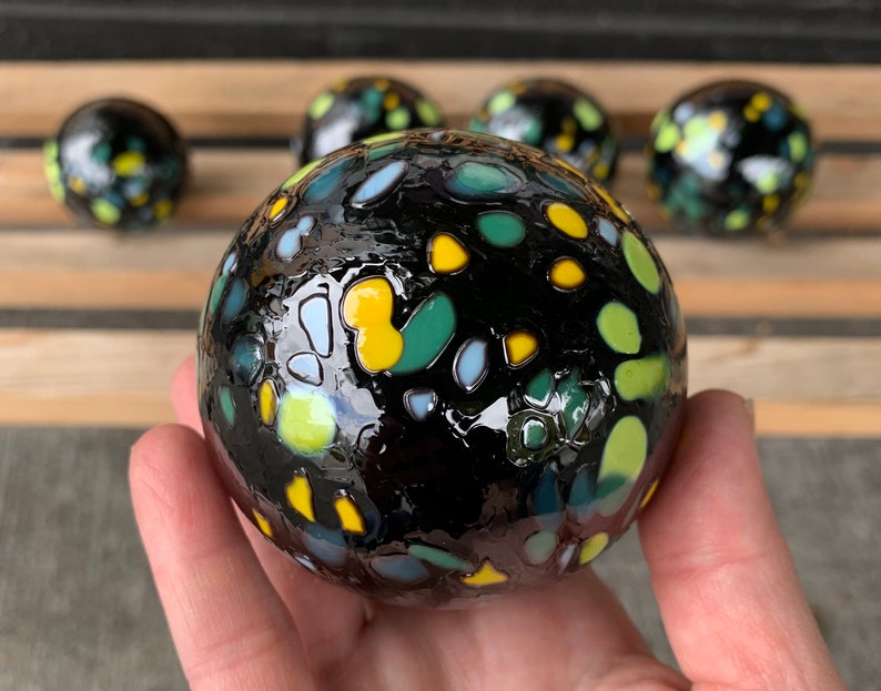 End-of-the-Day Mix Blown Glass Balls, Set of 5 Black Floats, 2.53 Garden Decor, Outdoor Art Spheres, Basket Filler, Avalon Glassworks image 3