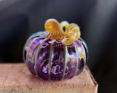 Purple & Gold Blown Glass Pumpkin: Halloween Autumn Decor, 4.25" Sculpture - Avalon Glassworks