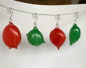 Amorphous Blown Glass Ornaments, Set of 4 Hanging Holiday Art Decor Sun Catchers, Opaque Red and Green Pulled Point Blobs, Avalon Glassworks