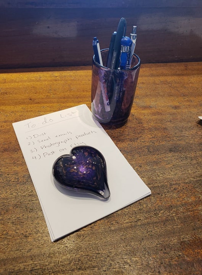 Purple Gold Glass Desk Accessory Set With Heart Paperweight And Pen Cup In Transpa Flecks By Avalon Glassworks