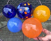 The "Coast Guard" Floats, Set of 5 Decorative Hand Blown Glass Balls, Blue Orange Nautical Home Office Garden Art Decor, Avalon Glassworks
