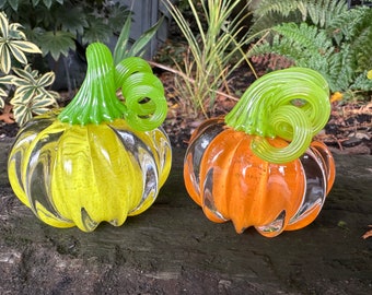 Glass Pumpkins, Set of 2 Orange Yellow Green Small Solid Paperweight Sculptures, Colorful Autumn Mantel Table Art Decor, Avalon Glassworks