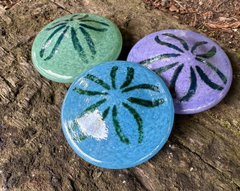 Glass Sand Dollars, Set of 3 Beach Paperweights, Green Blue Purple 3" Solid Sea Life Sculptures, Coastal Art Shell Decor, Avalon Glassworks