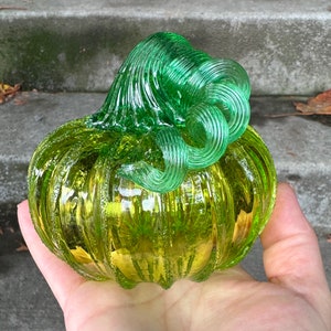 Two-Tone Green Glass Pumpkin, Hand Blown Gourd, Lime Emerald 4" Squash, Green Ribs & Stem, Autumn Halloween Thanksgiving, Avalon Glassworks