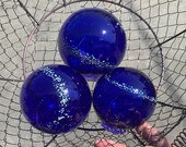 Cobalt Blue Glass Floats, Set of 3 "Milky Way" Garden Balls, Coastal Nautical Decor, Vibrant Blue Hand Blown Art Spheres, Avalon Glassworks