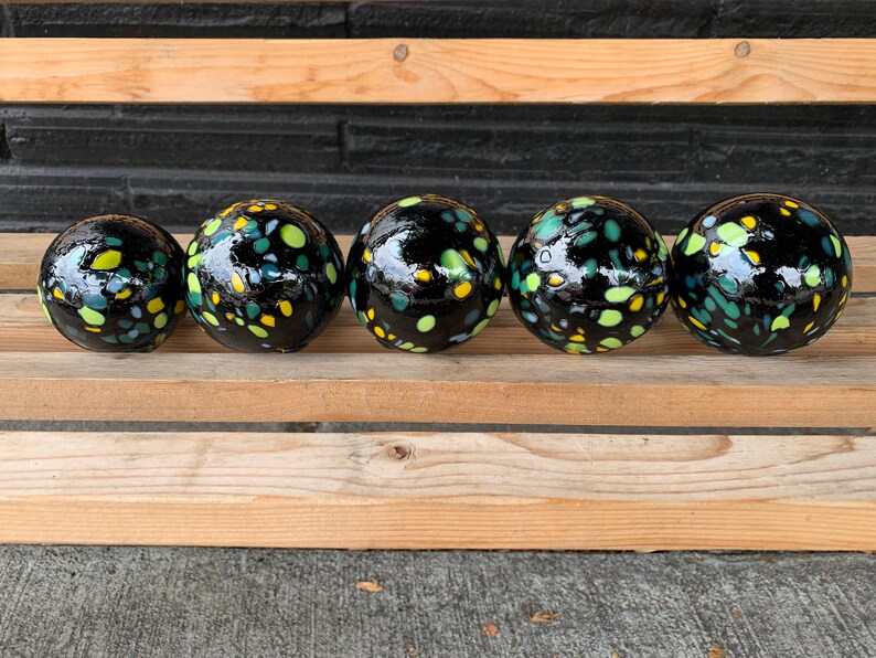 End-of-the-Day Mix Blown Glass Balls, Set of 5 Black Floats, 2.53 Garden Decor, Outdoor Art Spheres, Basket Filler, Avalon Glassworks image 8