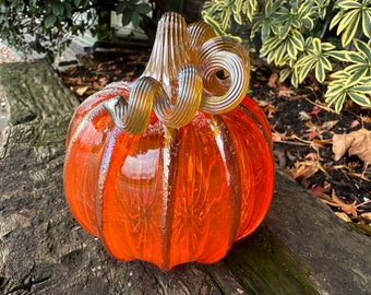 Orange Gold Glass Pumpkin, 4.25" Transparent Gourd Metallic Ribs & Coil Stem, Hand Blown Autumn Table Centerpiece Decor, Avalon Glassworks