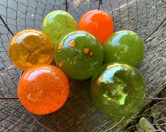 Olive Green and Orange Glass Floats, Set of 7 Hand Blown Design Spheres, Garden Interior Decor, Avocado Gold 1970s Colors, Avalon Glassworks