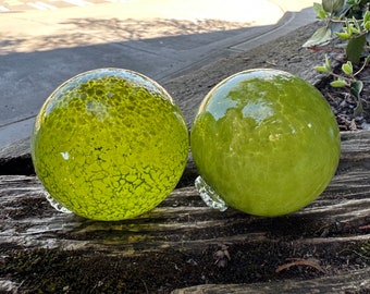 Olive Green & Speckle Blown Glass Floats, Set of 2 Coastal Nautical Decorative Spheres, 3" Outdoor Garden Orb Pond Balls, Avalon Glassworks