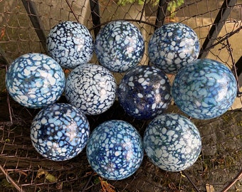 Slate Blue White Speckle Floats, Set of 10 Blown Glass Balls, 2.75" Interior Design Garden Art Spheres Decor, Gray, Grey, Avalon Glassworks