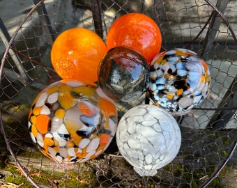 Goldfish Pond Floats, Set of 6 Hand Blown Glass Outdoor Decor Balls 2.5"-4.5" Orange White Black Koi Fish Art Orb Spheres, Avalon Glassworks