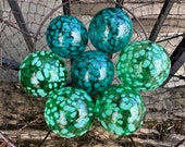 Stack Balls, Turquoise Green Glass Set of 7 Decor Spheres Coffee Table Basket Living Room Garden Orbs Bulbs Floats Globes, Avalon Glassworks
