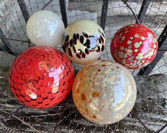 Red Earth Floats, Set of 5 Hand Blown Interior Design Outdoor Garden Art Balls 3"-4.25" Burgundy Beige Gold Decor Spheres, Avalon Glassworks